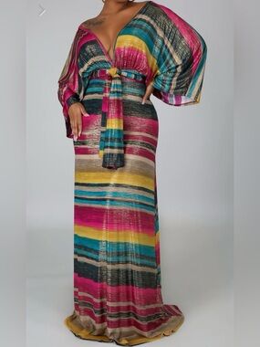 Women's Multicolor Striped Maxi Dress with Tie Front